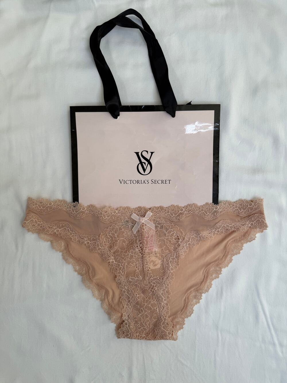 NWT Victoria’s Secret Vintage Dream Angel Lace Satin Sheer Cheekini Panty Tan XS